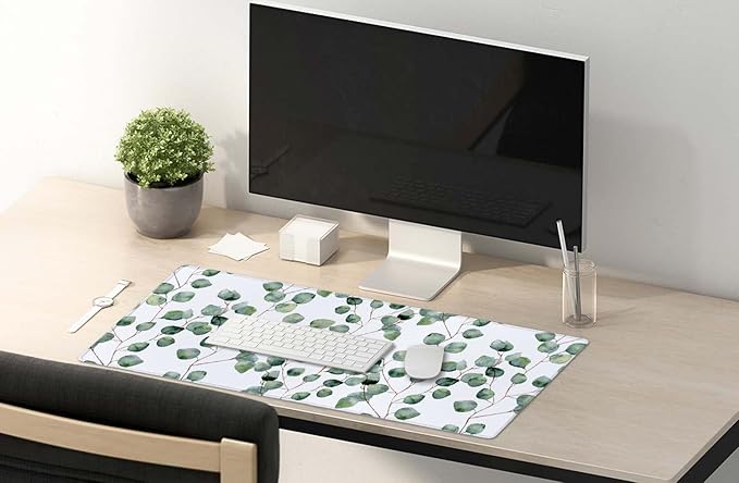 SSOIU Extended Gaming Mouse Pad XXL ArtSo Large Keyboard Mat Long Mousepad Desk Decor Writing Pad Non Slip Rubber Base Stitched Edges for Work, Game, Office, Home, 35.5" x 15.7", Eucalyptus Leaves