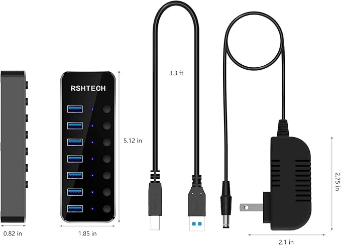 USB 3.0 Hub, RSHTECH 7 Port Powered USB Hub Expander Aluminum USB 3.0 Data Port hub with Universal 5V AC Adapter and Individual On/Off Switches USB Splitter for Laptop and PC(Black)