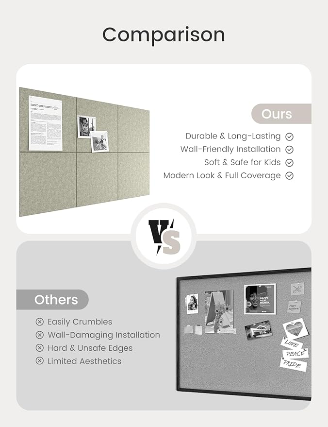 Bumusty Large Cork Board 36"x24" Alternative - 6 Pack Felt Wall Tiles with 40 Safe Removable Adhesive Tabs, 30 Pushpins, Cork Boards for Walls Pin Board Bulletin Board Office Decor (Sage)