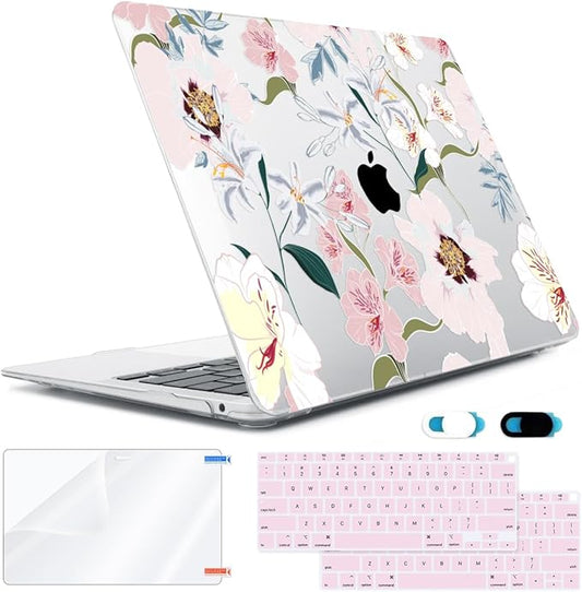 Compatible with MacBook Air 13 inch Case 2022 2021-2018 A2337 M1 A2179 A1932 Retina Display with Touch ID, Plastic Hard Shell Case+Keyboard Cover+Screen Protector+Webcam Cover, Pink Floral