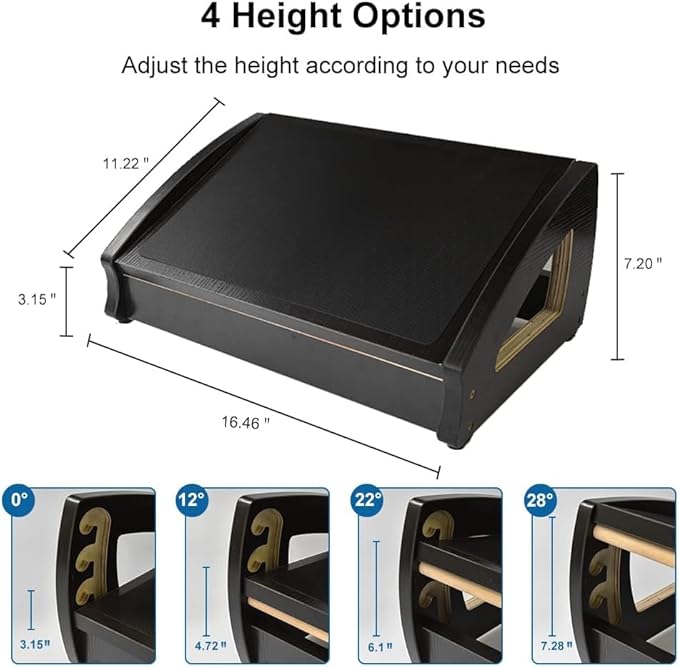 StrongTek Ergonomic Under Desk Footrest, 3 Adjustable Heights Wooden Office Footrest, Large Anti-Slip Surface, Improves Posture and Blood Circulation, up to 400lbs (Black)