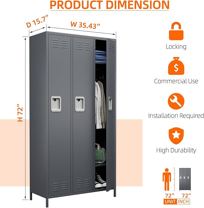 Metal Storage Locker with 3 Doors,Metal Locker for Employees with 9 Hooks for School Garage Office Gym Home,Assembly Required,Dark Grey