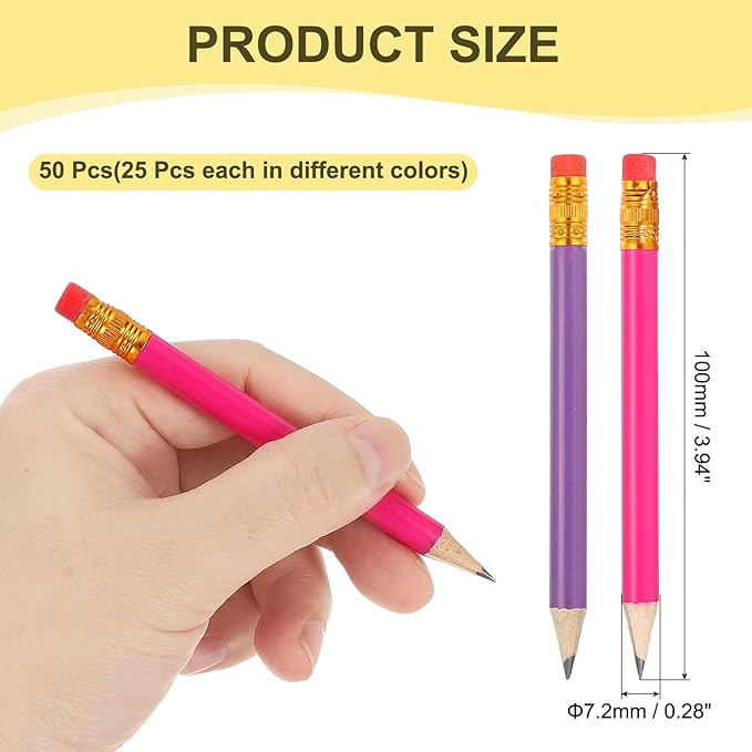 MECCANIXITY Golf Pencils with Erasers, 4" HB Mini Half Pencils Pre Sharpened Small Pens for Wedding Bridal Shower Game Office Writing Drawing(Purple/Rose Red, Pack of 50)