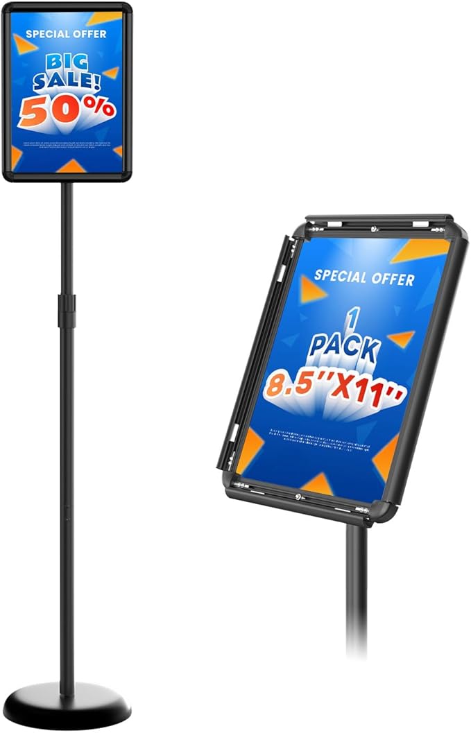 Sign Stand Holder 8.5x11 inch - Adjustable Sign Holder Stand for Display with Heavy Duty Base, Floor Standing Sign Holder for Business, Retail, Events, Offices, Trade Show(Black 8.5×11 inch - 1 Pack)