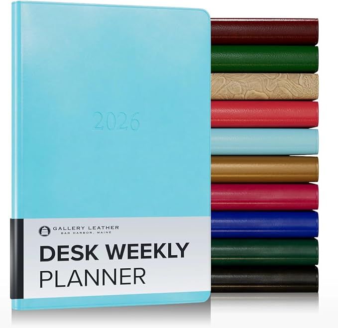 Gallery Leather Desk Weekly Monthly Planner 2025-2026, Elegantly Bound Calendar Planner and Notebook with Stylish Gold-Gilded Page Edges, 12 Months - Acadia Pool - 8 x 5.5 "