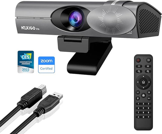 NexiGo Iris, 4K AI Webcam with 1/1.8" Sensor, Onboard Flash Memory, HDR, PiP, DSLR-Style Control, Auto Framing/Tracking with Flexible FOV, Noise-Canceling Mics, for Zoom/Teams/OBS and More (Renewed)