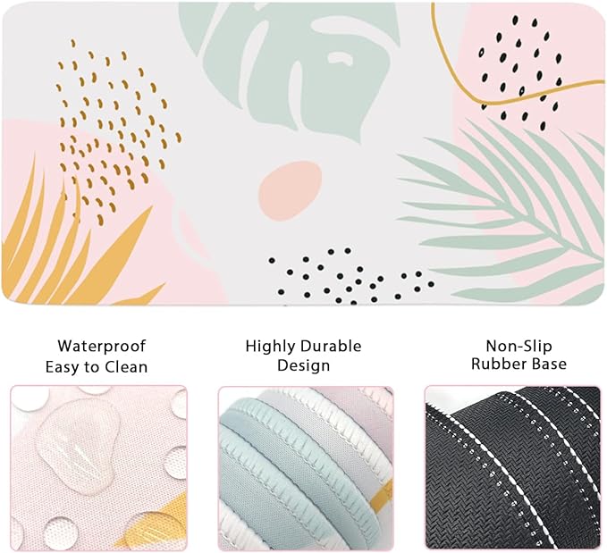 Keyboard Mouse Pad Set, Extended Mouse Pad+Keyboard Wrist Rest Support, Memory Foam Ergonomic Easy Typing, 3Pcs (35.4×15.7 in) Desk Pad Set for Home Office Study Game-Plant