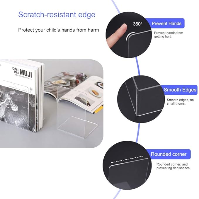 MerryNine Acrylic Book Ends 20pcs for Shelves, Clear Bookends for Shelves, Book end Organizer, Book Holder Stand Decorative, Book Stoppers for Heavy Duty Books (7.08"x4.72"_10 Pairs)