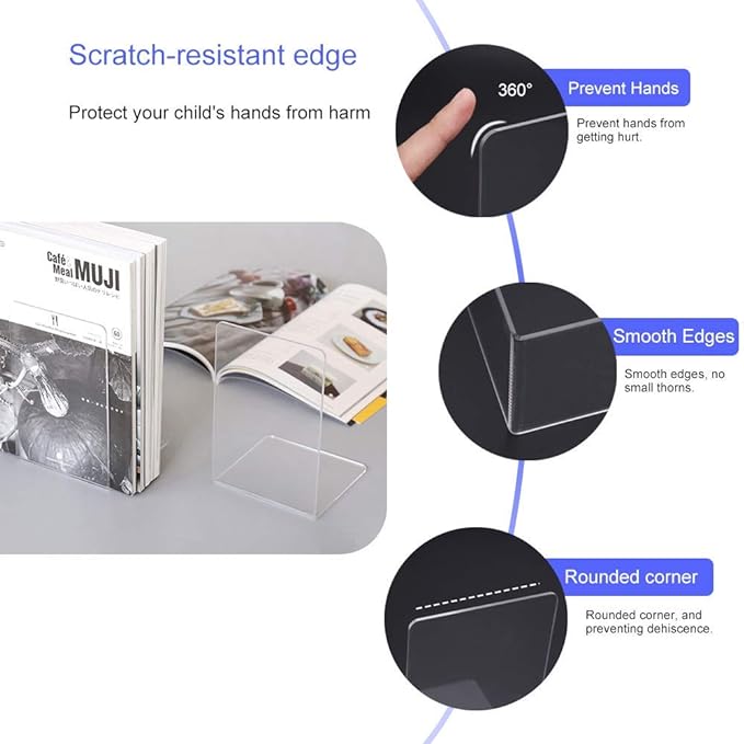 MerryNine Clear Book Ends 2pcs, Acrylic Bookends for Shelves, Non-Slip Bookend Decorative for Heavy Duty Book, Books Holder Stopper for Kids, Bookshelf Dividers Books Organizer for Office Home School