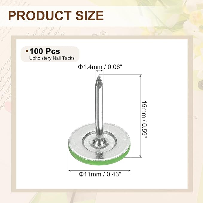 uxcell 100Pcs Upholstery Tacks, 11mmx15mm Flat Head Thumb Tack Decorative Furniture Nails Push Pins for Furniture Sofa Headboards, Light Green
