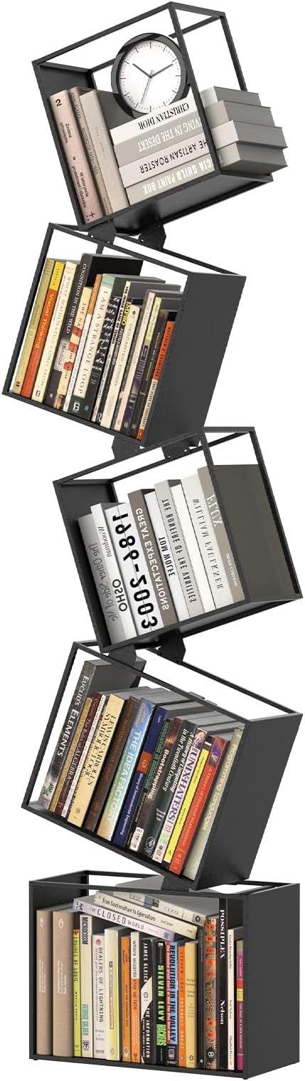 5-Tier Metal Geometric Bookshelf – Modern Narrow Floor Bookcase, Space-Saving Organizer for Living Room, Bedroom, Office, Corner – Black