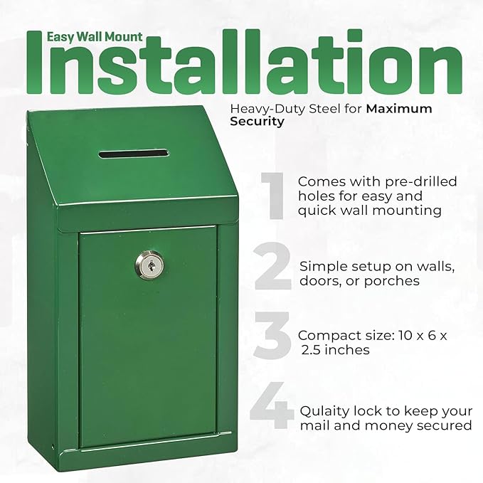 Metal Donation Box-Suggestion Box with Slot and lock-Cash Lock box for Money-Waterproof Drop Box-Comment and ballot voting box-comes with pre-drilled holes for easy wall mounting 10 X 6 X 2.5"(Green)