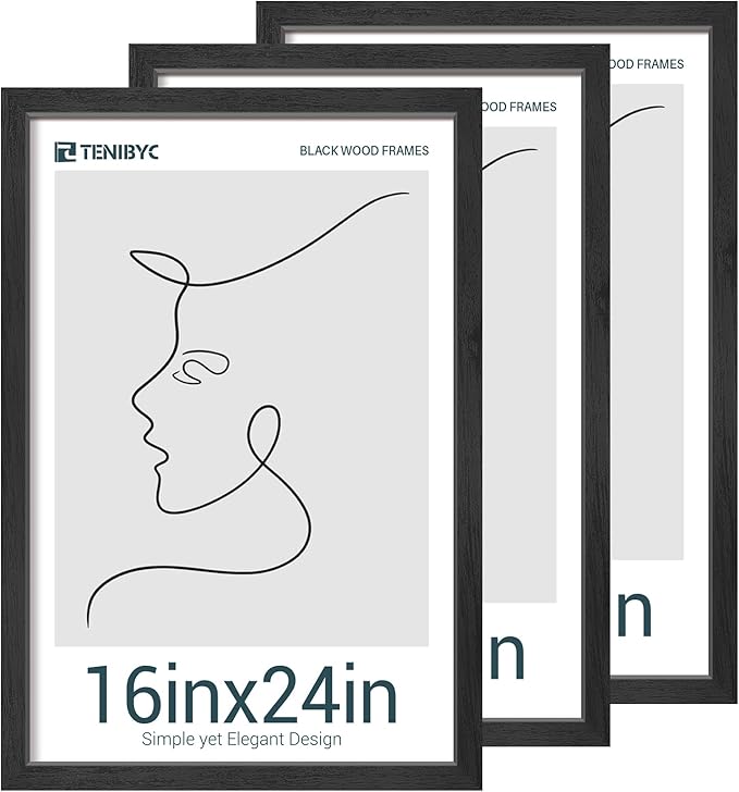 16x24 Poster Frames Set - 3 Pack - Black Solid Wood Picture Frame - Exclusive Woodgrain - Rooms, Offices, Gallery, Studio, and Hallway, Wall Display Decor