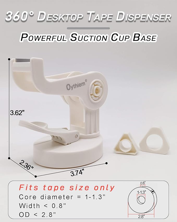 Mini White Tape Dispenser｜Non-Slip Suction Cup & 360° Rotating Arm for One-Handed Operation, Small Clear Suction Cup Tape Dispenser Desk for Packing, Office, Home, Fits 1" Core
