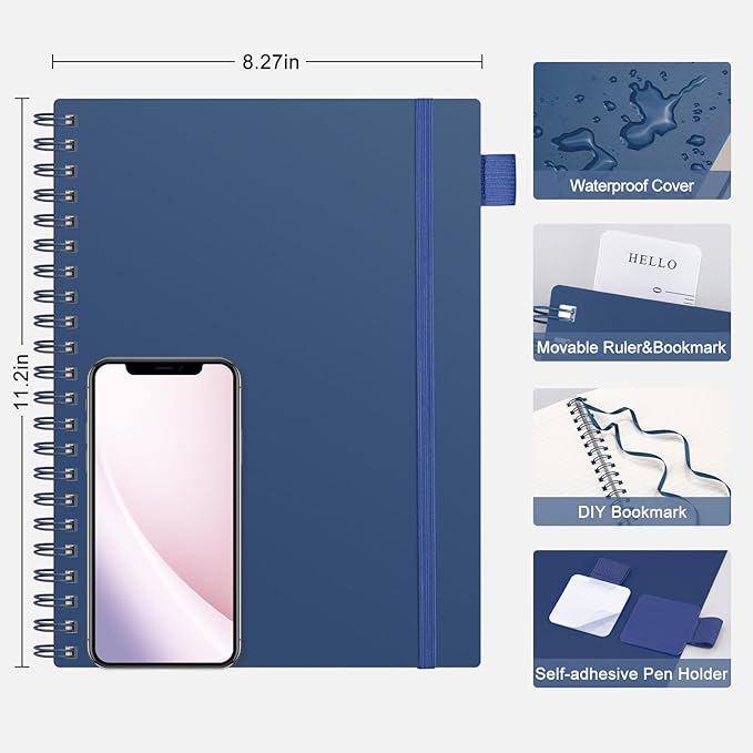 AHGXG Spiral Notebook College Ruled - Spiral Journal Perforated Notebook A4 8.5" x 11", 300 Pages Easy Tear Perforated Pages, 100GSM Thick Paper, Plastic Hardcover, for Writing Work School, Navy Bule