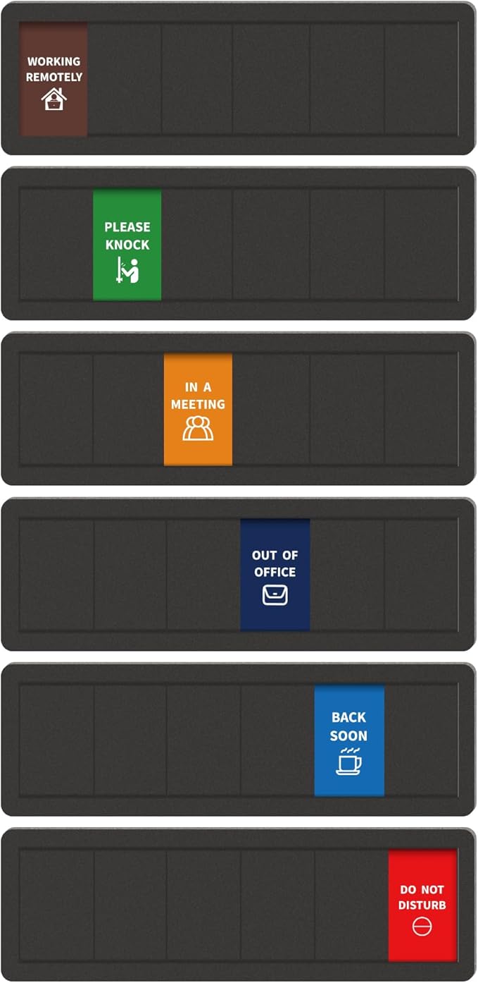 Office Sign-6 Options Door Signs In A Meeting/Out Of Office/Do Not Disturb/Working From Home/Please Knock/Back Soon Privacy Door Slider Sign for Meeting & Conference Room