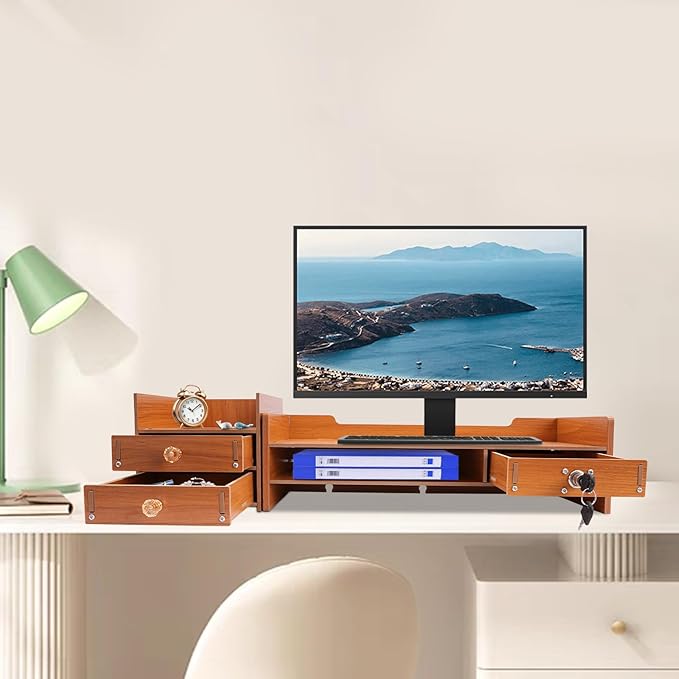 Computer Monitor Stand, Tabletop Computer Rack Wood Monitor Stand Ergonomic Computer Riser Multi Compartment Desk Organizer with 3 Storage Drawers & 2 Keys for Study Office Home