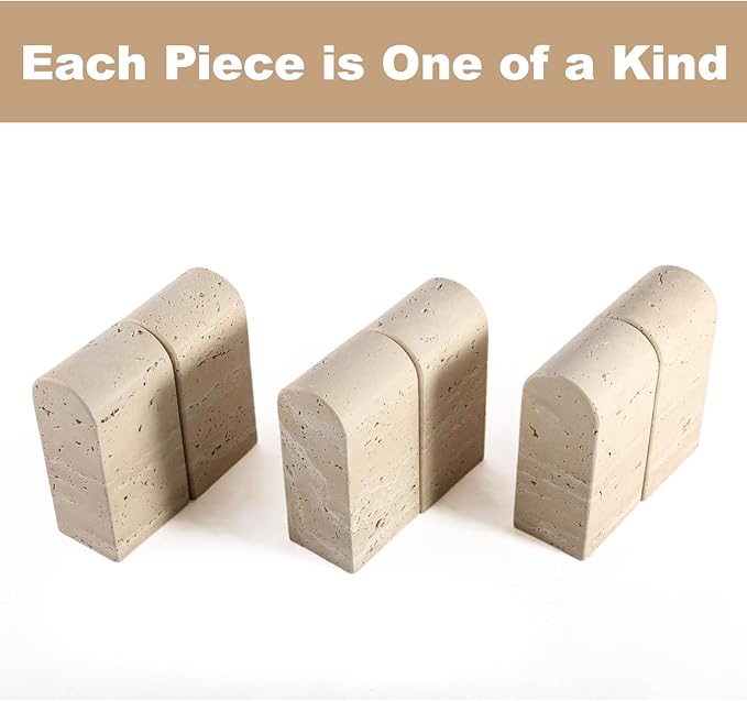 Koville Italian Travertine Bookends for Shelves, Decorative Book Ends, 7lbs Heavy-Duty Marble Book Holders, Bookshelf Apartment Decor for Normal Books/CD/Video Games(Travertino Romano)
