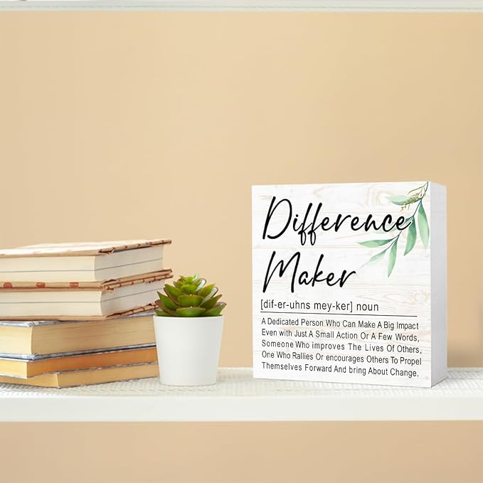 Difference Maker Definition 5" x 5" Wooden Block Sign, Purpose-Driven Office Decor With Leadership Quote, Executive Desk Accent For Change Decor