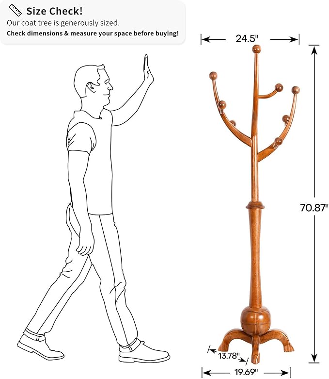 Coat Rack Freestanding Wood Tree Rack with 8 Hooks, Creative Design Tree Branch-look, Coat Tree Clothes Hanger Stand with Stable Sphere Base for Entryway, Hallway, Bedroom - Load 160lbs (Light Brown)