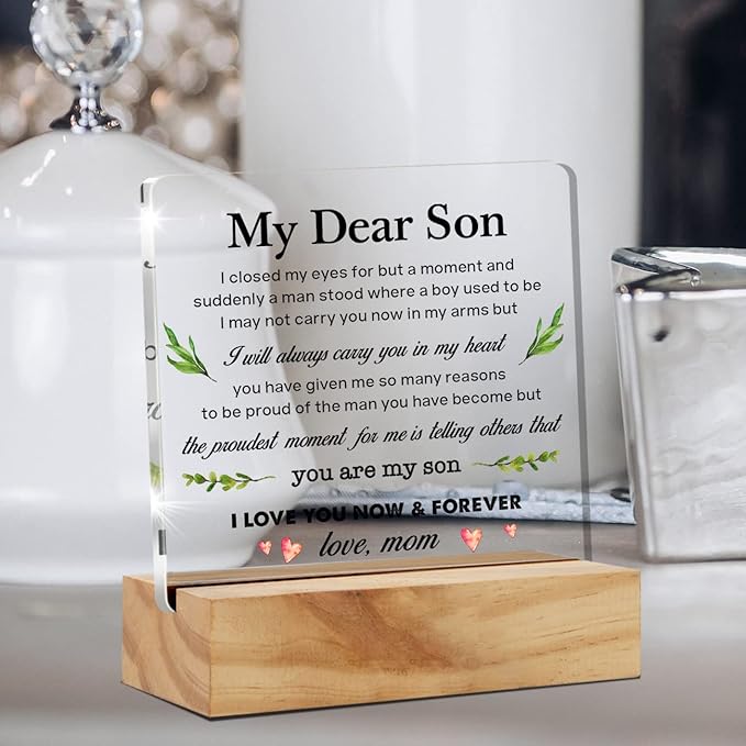 Mom's Gift to My Son: Acrylic Desk Plaque Sign with Wood Stand for Home Office