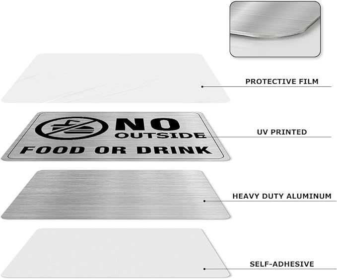 No Outside Food or Drink Sign Aluminum Silver 8 x 6 Inches Self-Adhesive Waterproof Metal Door Wall Sign for Business Restaurants 2 Pack