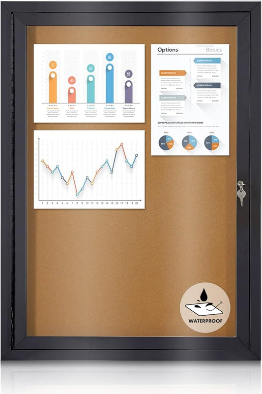 Enclosed Bulletin Board Outdoor Noticeboard with Locking Door, Weather-Resistant, Cork, Black Aluminum Frame, 36 x 24 in
