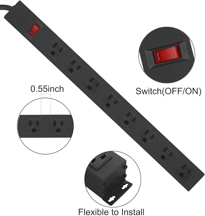 3Pack Metal 8 Outlet Mountable Power Strip, Wall Mount Outlet Heavy Duty, Wide Spaced Commercial Shop Power Strip with Switch, 6 FT Power Cord.