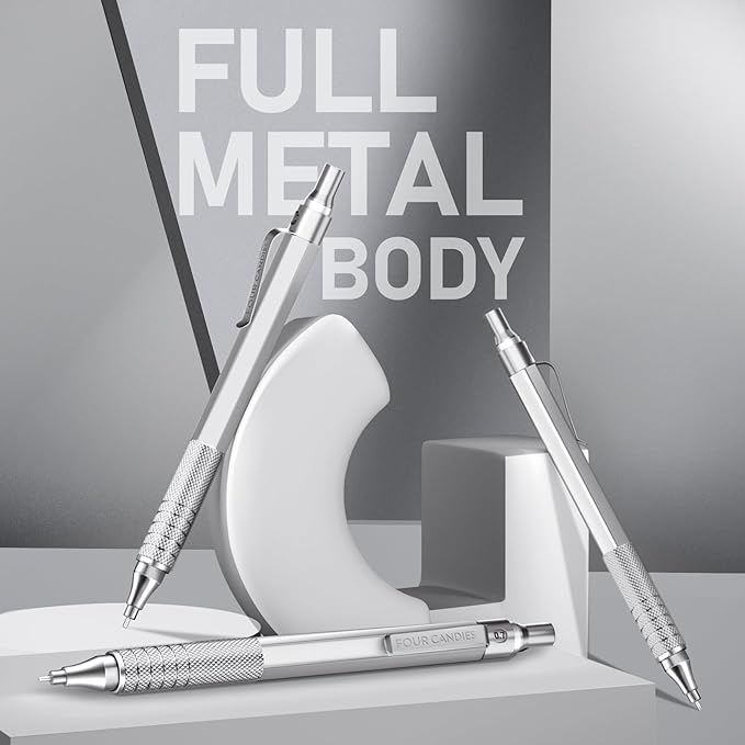 Four Candies 0.7mm Mechanical Pencil Set with Case, 3PCS Metal Artist Lead Pencil with 8 Tubes (480PCS) HB Lead Refills, 3 Erasers, 9 Eraser Refills For Engineer Art Writing Drawing Drafting, Silver