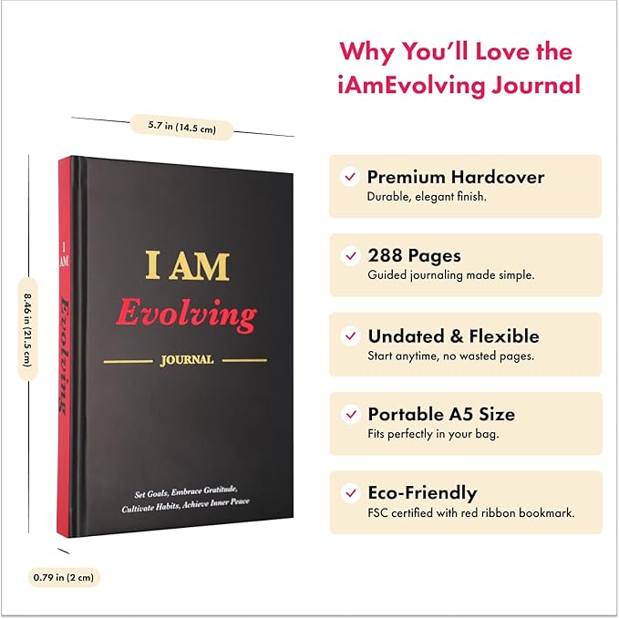 iAmEvolving Journal – Guided Gratitude & Goal Planner with Habit Tracker, Mindfulness Prompts & Daily Reflection | Undated 6-Month Self-Care & Wellness Notebook for Personal Growth (Black)