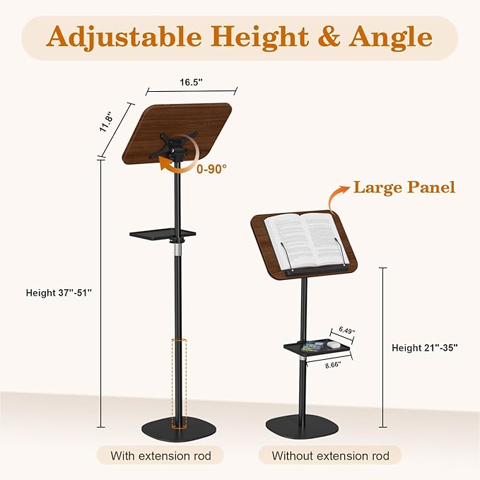 Snughome Floor Book Stand with Removable Tray, Wood Standing Book Stand for Reading, Height Adjustment 21"-51", Music Stand Cookbook Stand Textbook Stand Laptop Stand Book Holder for Display