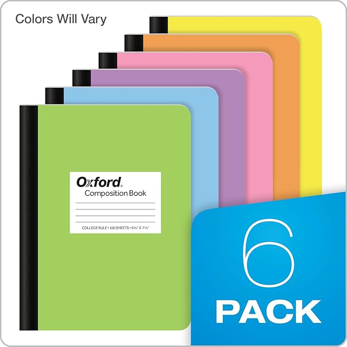 Oxford Composition Notebooks, 6 Pack, Cover Colors Vary, College Ruled Paper, 9-3/4 x 7-1/2 Inch School Journals, Assorted Pastel Covers, 100 Sheets, per Book (63760)