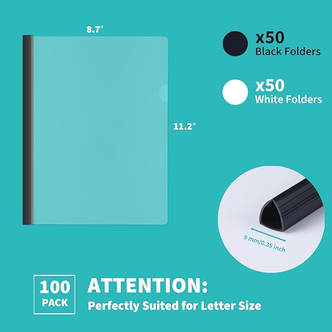 Binditek 100 Pack Clear Report Covers with 9mm Sliding Bars, 70 Sheet Capacity, Black and White Binding Bars, Letter Size, for Students and Coworkers