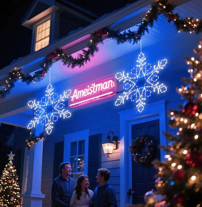 Joomer 35'' Christmas Large Snowflake Lights Decoration Waterproof Outdoor Christmas Lights Super Bright with Timer for Home Party Wall Hanging Light (White & Blue)