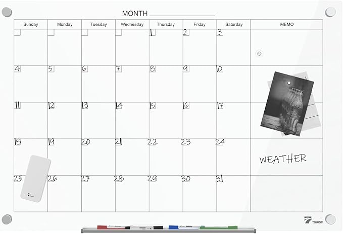 TOWON 47 x 35 Inch Glass Dry Erase Board, Magnetic Whiteboard Calendar, Monthly Planner Set, White