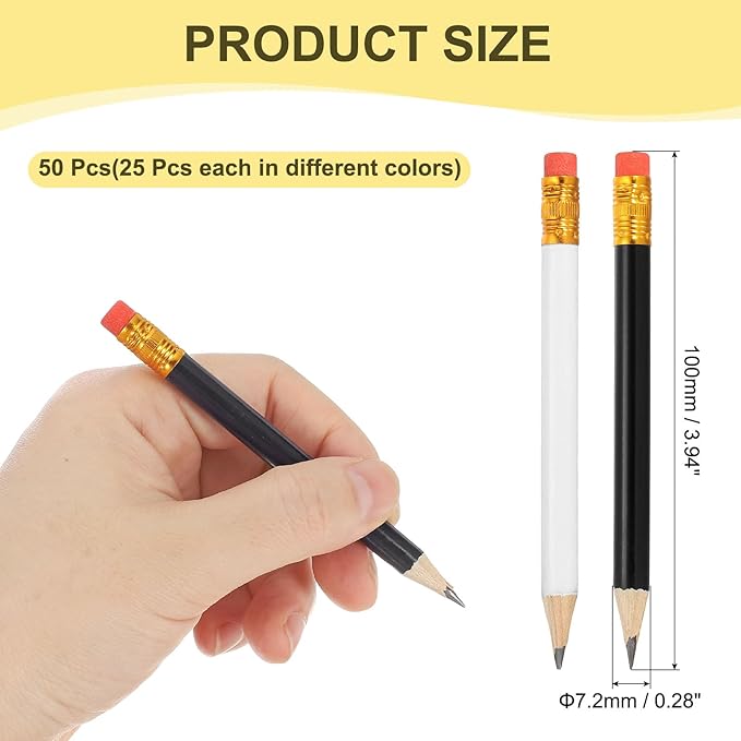 MECCANIXITY Golf Pencils with Erasers, 4" HB Mini Half Pencils Pre Sharpened Small Pens for Wedding Bridal Shower Game Office Writing Drawing(White/Black, Pack of 50)