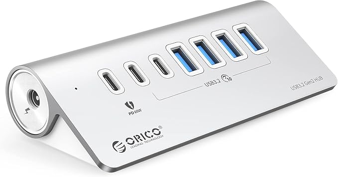 ORICO 7 Port USB Hub 10Gbps, Aluminum USB 3.2 Gen 2 Hub, 6 USB 3.2 Data Ports, 1 PD 60W Ports, 24V 3A Power Adapter, 3.28Ft A to C Cable, USB Data Hub for Laptop