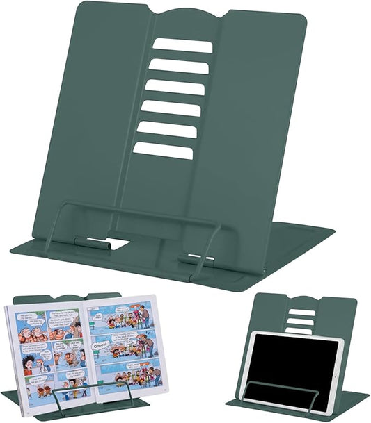 MSDADA Desk Book Stand, Metal Reading Book Stand Adjustable Cookbook Holder for Textbooks Recipes Music Books Tablet-with Page Clips(Morandi Green)