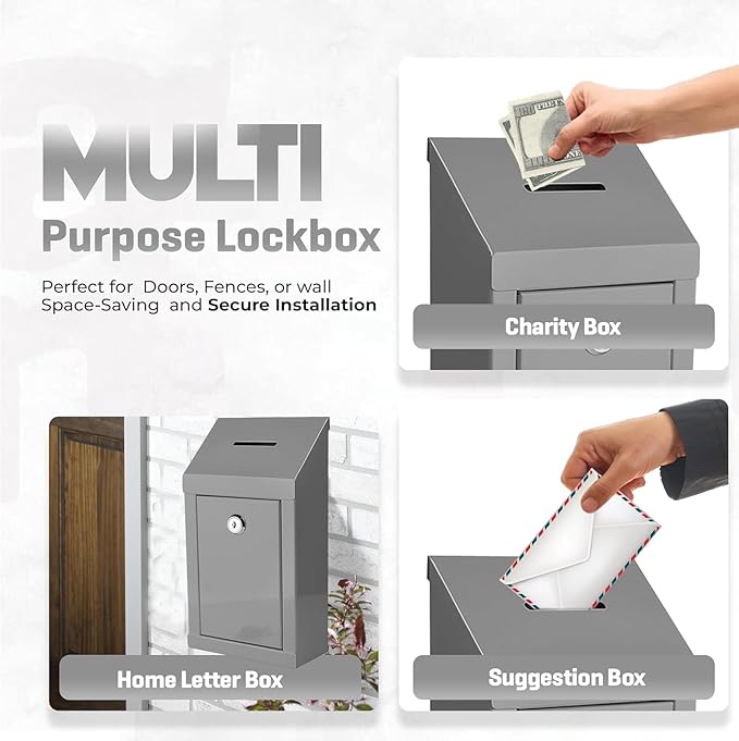 Metal Donation Box-Suggestion Box with Slot and lock-Cash Lock box for Money-Waterproof Drop Box-Comment and ballot voting box-comes with pre-drilled holes for easy wall mounting 10 X 6 X 2.5"(Gray)
