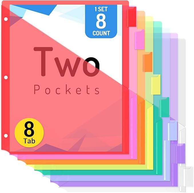 Forvencer 8 Count Dividers with Two Pockets, 8 tabs Binder Dividers for 3 Ring Binder Organizer, Multicolor, 1 Set