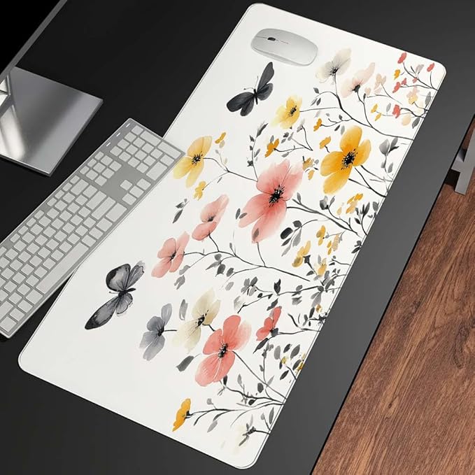 Mrcrypos Wildflowers Large Mouse Pad Butterfly Desk Mat for Desktop,Waterproof Desk Pad with Stitched Edges,Computer Keyboard Gaming Mouse Pads for Women Office Home 31.5" x 11.8"