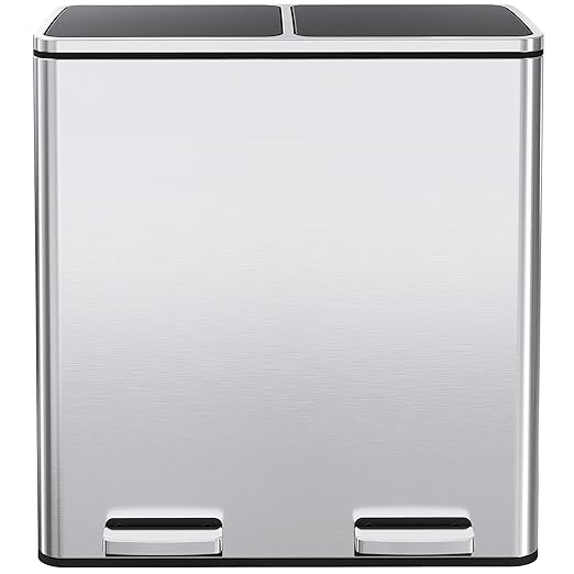 AthLike 60L(16 Gal) Dual Trash Can, Stainless Steel Kitchen Garbage Can, Double Compartment Classified Rubbish Bin, Recycle Dustbin w/Plastic Inner Buckets, Soft-Close Lid, Airtight, Silver