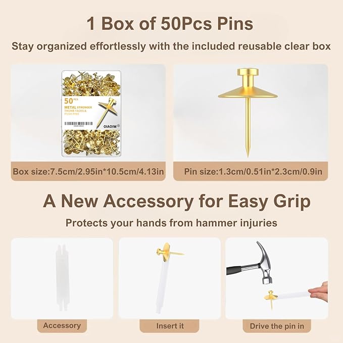 50pcs Gold Thumb Tacks for Picture Hangers - Heavy Duty Push Pins, Double Headed Thumbtacks for Hanging, Metal Wall Tacks, Pins, Nails, Hooks (Gold)