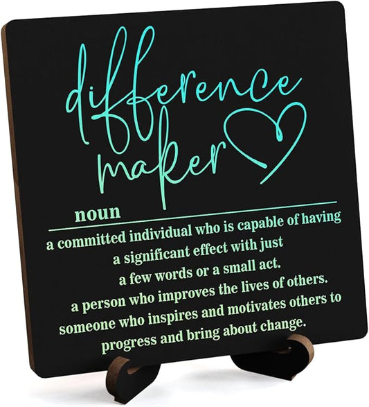 Wooden Table Sign Office Decor Difference Maker Definition Desk Decor Wood Plaque With Stand Thank You Gifts for Boss Women Best Mom Coworker Teacher Office Desk Accessories(Black)-C03