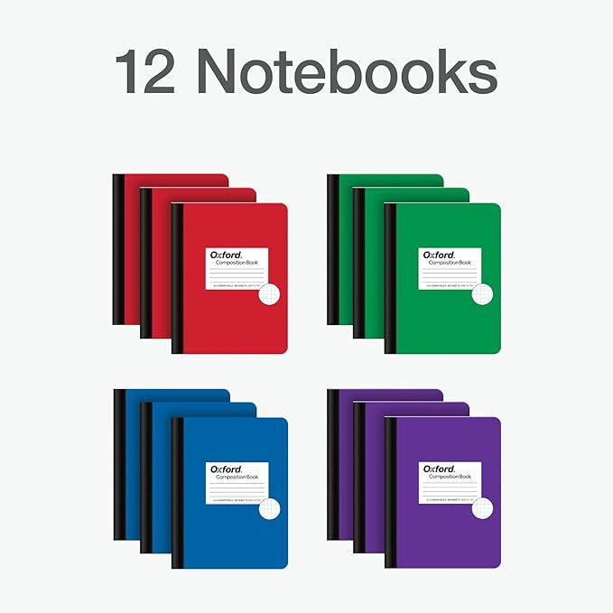 Oxford Composition Notebook 12 Pack, School Supplies, Notebooks for School, 4 x 4 Graph Ruled Paper, 7.5 x 9.75 Inches, 80 Sheets, Assorted Color Covers: Green, Purple, Red, Blue (63718)