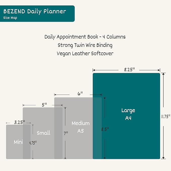 BEZEND Appointment Book 2026 Daily Planner, Quarter-Hourly in 4 Columns (Large-8.25" x 11.75") Page per Day Even Weekend, Monthly View with Tab & Weekly Schedule, PU Leather Softcover in Black