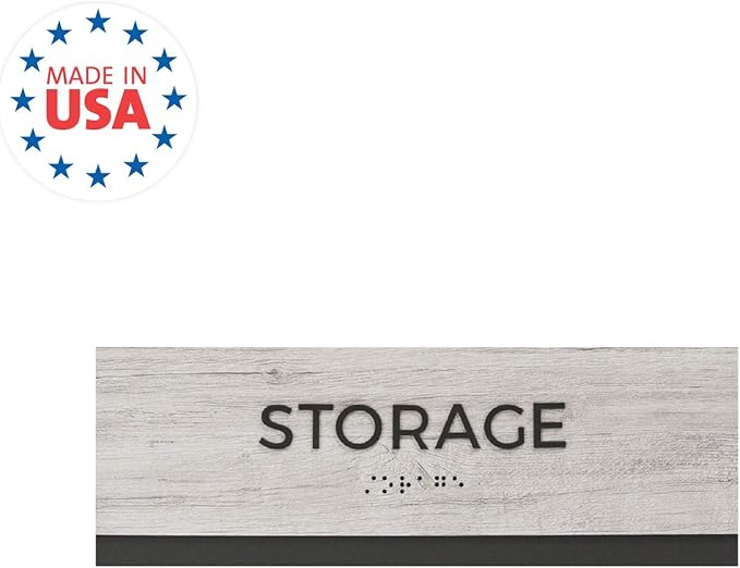 Storage Sign with Braille/Easy Adhesive Mount Door and Wall Sign for Small Businesses and Restaurants/ 3 x 9 inches/Silver Woodgrain