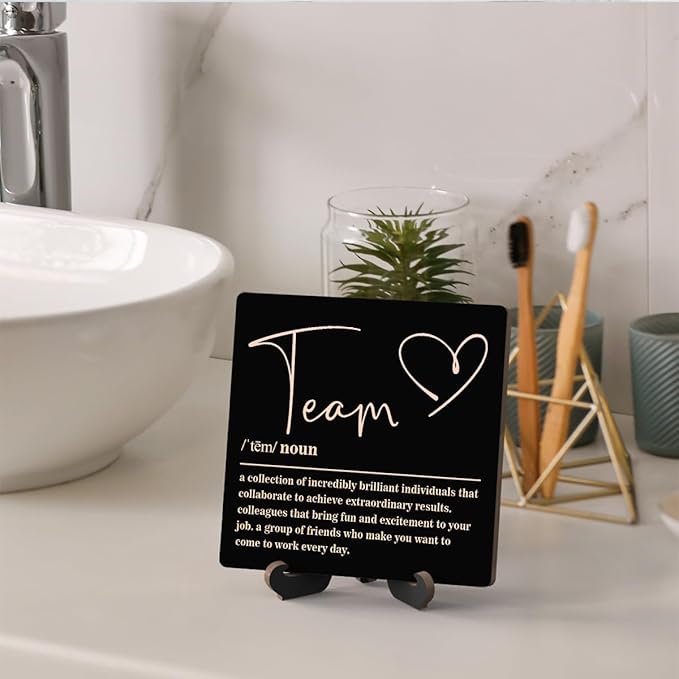 Wooden Table Sign Office Decor Team Definition Desk Decor Wood Plaque With Stand Thank You Gifts for Boss Employees Women Best Mom Coworker Office Desk Accessories(Black)-C06