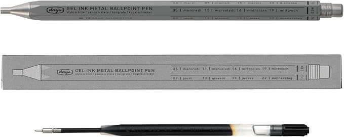 MARK'STYLE days, Gel Ink Metal Ballpoint Pen - 0.5mm Retractable Black Ink, Retro styling Light Weigh Pen, Made in Japan- Perfect for School, Office, and Journaling (Gray)