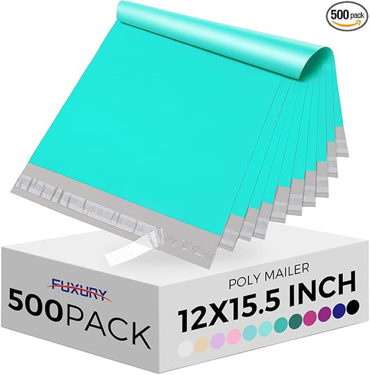 Fuxury Poly Mailers 12x15.5 Inch 500 Pcs, Bulk Shipping Bags for Clothing, Strong Adhesive Shipping Envelopes for Small Business Suppliers,Waterproof Mailers Poly Bags Mailing Envelopes Teal